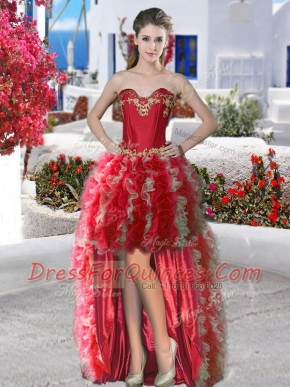 High Class Red Ball Gowns Sweetheart Sleeveless Organza High Low Lace Up Appliques and Ruffles Prom Evening Gown
