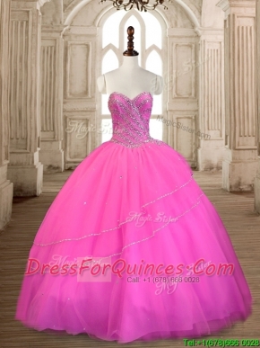 Wonderful Tulle Hot Pink Sweet 16 Dress with Beading