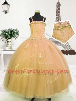 Light Yellow and Gold Spaghetti Straps Neckline Beading and Appliques Flower Girl Dress Sleeveless Zipper