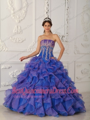 Blue Ball Gown Strapless Floor-length Organza Beading and Appliques Sweet 16 Dress