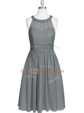 Grey Dress for Prom Prom and Party and Military Ball with Ruching Halter Top Sleeveless Zipper