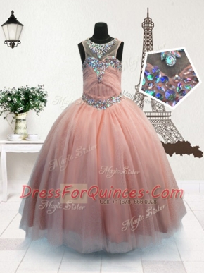 Cute Scoop Pink Organza Zipper Kids Pageant Dress Sleeveless Floor Length Beading