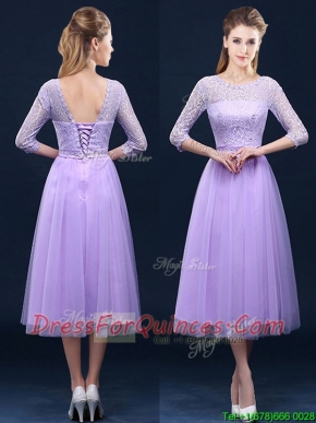 Latest Half Sleeves Tea Length Laced Dama Dresses in Lavender