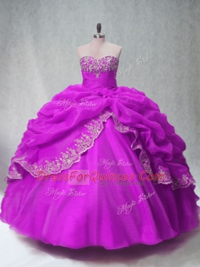 Beading and Appliques Sweet 16 Dress Fuchsia Lace Up Sleeveless Floor Length