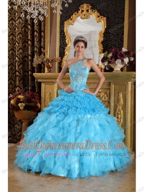 Aqua Blue Ball Gown One Shoulder Floor-length Satin and Organza Beading Quinceanera Dress
