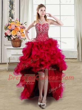 Red Lace Up Homecoming Dress Beading and Ruffles Sleeveless High Low