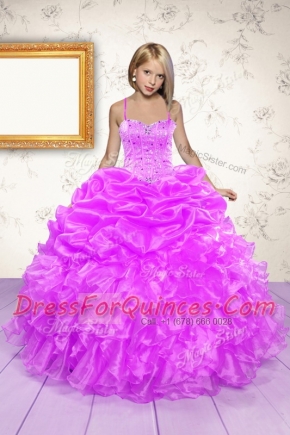 Eye-catching Hot Pink Spaghetti Straps Lace Up Beading and Ruffles and Pick Ups Pageant Gowns For Girls Sleeveless