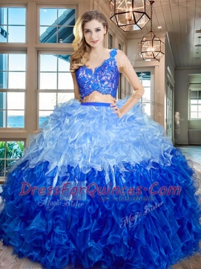 Dramatic Multi-color V-neck Neckline Lace and Ruffles 15 Quinceanera Dress Sleeveless Zipper