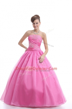 Strapless Sleeveless Lace Up 15th Birthday Dress Rose Pink Organza