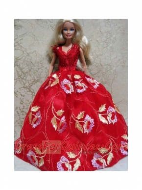 Embroidery Red Ball Gown Barbie Doll Dress