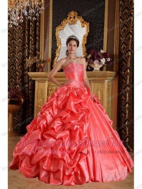 Coral Red Ball Gown Sweetheart Floor-length Taffeta Emboridery and Beading Quinceanera Dress