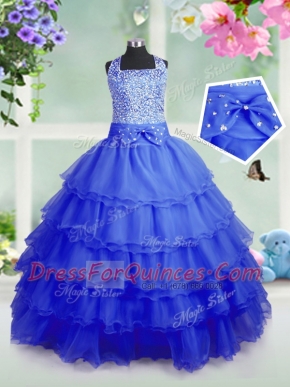 Traditional Sleeveless Floor Length Beading and Ruffled Layers Zipper Flower Girl Dress with Royal Blue