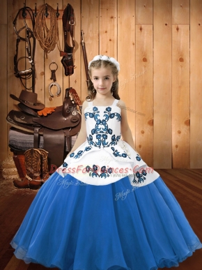 Hot Selling Blue Sleeveless Embroidery Floor Length Little Girls Pageant Dress
