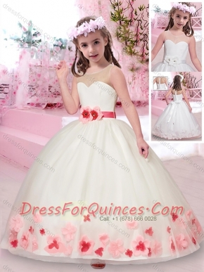 Exquisite See Through Belted and Applique Adorable Little Girl Pageant Dress in White