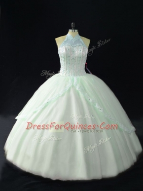 Floor Length Apple Green Vestidos de Quinceanera Halter Top Sleeveless Lace Up