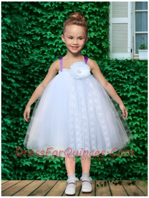 Cute Straps Tulle Tea-length 2014 Little Girl Dress in White