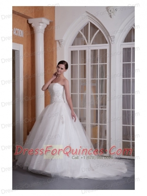 Prom Dress Custom Made A-line Strapless Chapel Train Taffeta and Organza Appliques