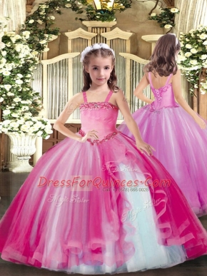 Straps Sleeveless Little Girls Pageant Dress Floor Length Appliques Fuchsia Tulle