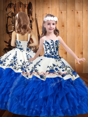 Sleeveless Lace Up Floor Length Embroidery and Ruffles Kids Formal Wear