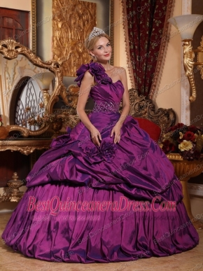 Purple Ball Gown One Shoulder Floor-length Taffeta Beading Quinceanera Dress