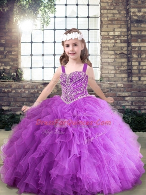 Latest Straps Sleeveless Child Pageant Dress Floor Length Beading and Ruching Purple Tulle