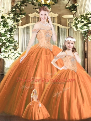 Floor Length Orange Red Quince Ball Gowns Off The Shoulder Sleeveless Lace Up