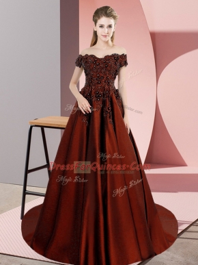 Extravagant Rust Red Satin Zipper 15th Birthday Dress Sleeveless Court Train Appliques