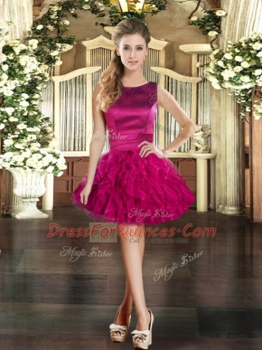 Fuchsia Lace Up Scoop Ruffles Dress for Prom Tulle Sleeveless