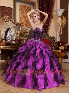 2014 Eleagant Sweetheart Purple and Black Organza Beading and Ruffles Beautiful Quinceanera Dress