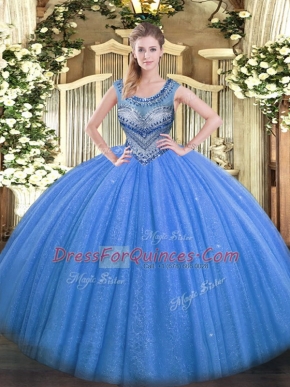 High Quality Scoop Sleeveless Tulle Quince Ball Gowns Beading Lace Up