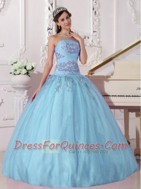 Sky Blue Ball Gown Strapless 15th Birthday Dresses Taffeta and Tulle Beading