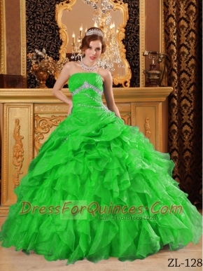 2014 new Ball Gown Floor-length Green Organza Beading And Ruffles Discount Quinceanera Dresses