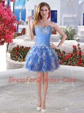 Mini Length Blue Prom Dress Organza Sleeveless Appliques and Ruffles
