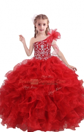 Latest Red Ball Gowns Organza One Shoulder Sleeveless Beading and Ruffles Floor Length Lace Up Little Girls Pageant Dress Wholesale
