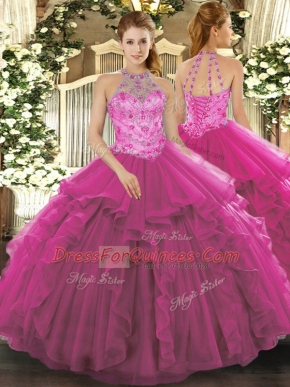 Fuchsia Ball Gowns Halter Top Sleeveless Organza Floor Length Lace Up Beading Quinceanera Dresses