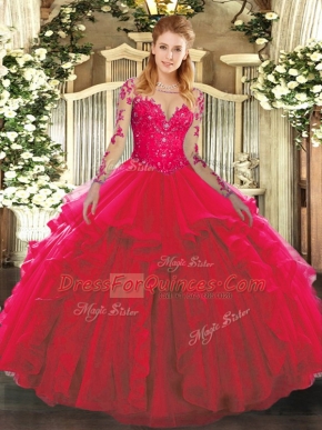 Fitting Red Long Sleeves Floor Length Lace and Ruffles Lace Up Quinceanera Gowns