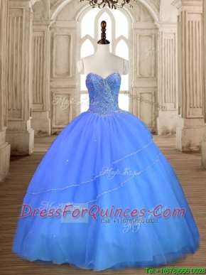 Most Popular Tulle Big Puffy Beaded Sweet 16 Dress in Blue