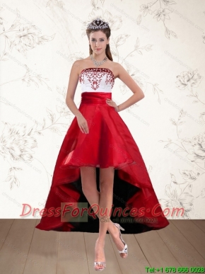 Cheap White And Wine Red High Low Strapless Prom Dresses with Embroidery