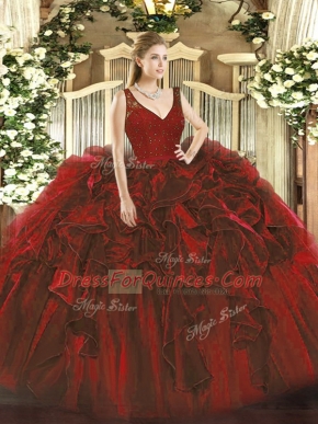 Luxury V-neck Sleeveless Sweet 16 Dress Floor Length Beading and Lace and Ruffles Wine Red Organza