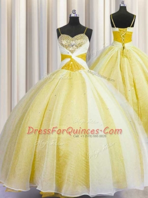 Vintage Ball Gowns Quinceanera Gown Yellow Spaghetti Straps Organza Sleeveless Floor Length Lace Up