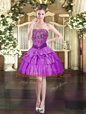 Purple Organza Lace Up Strapless Sleeveless Mini Length Beading