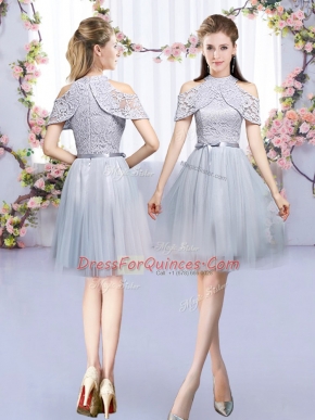Mini Length Grey Quinceanera Court of Honor Dress Tulle Sleeveless Lace and Belt