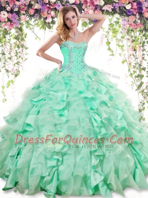 Sweetheart Sleeveless 15th Birthday Dress Floor Length Beading and Ruffles Apple Green Organza and Taffeta