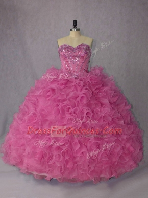 Rose Pink Lace Up Halter Top Beading and Ruffles Quinceanera Dresses Organza Sleeveless Brush Train