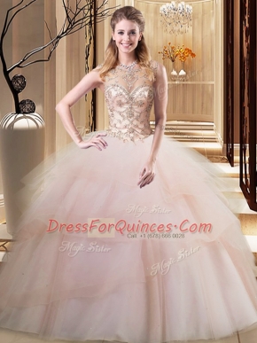Popular Scoop Sleeveless Beading and Ruffled Layers Lace Up 15th Birthday Dress with Peach Brush Train
