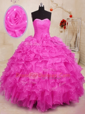 Deluxe Floor Length Hot Pink Quinceanera Dress Organza Sleeveless Beading and Ruffles and Hand Made Flower