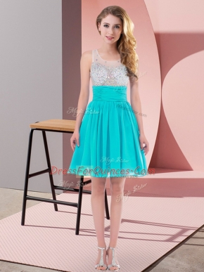 Spectacular Aqua Blue Empire Beading Quinceanera Court Dresses Side Zipper Chiffon Sleeveless Mini Length