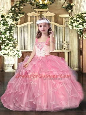 Floor Length Lace Up Little Girls Pageant Dress Pink for Party and Quinceanera and Wedding Party with Beading and Ruffles