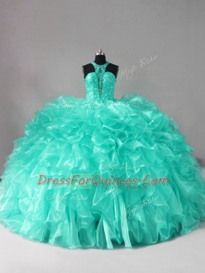 Admirable Brush Train Ball Gowns Quince Ball Gowns Aqua Blue Halter Top Organza Sleeveless Zipper