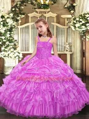 Straps Sleeveless Pageant Dress Wholesale Floor Length Beading and Ruffled Layers and Pick Ups Lilac Organza